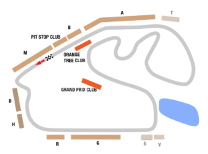 Racing circuit diagram showing the track with pit stops labeled A–V and club markers (Orange Tree Club, Grand Prix Club) around the course with a blue lake on the right side.