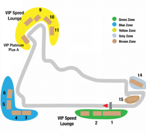 Top-down map of a go-kart track with colored zones (Green, Blue, Yellow, Grey, Brown), numbered turns 1–15, VIP Speed Lounge areas, and a finish line with a checkered flag; legend shows zone colors on the right.