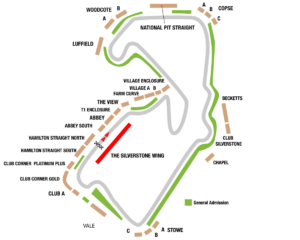 A labeled map of a race circuit showing turns, stands, and general admission green zones around The Silverstone Wing and National Pit Straight.