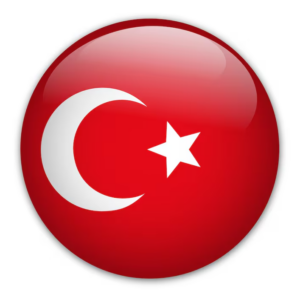 Round glossy red button featuring a white crescent and star, representing the Turkish flag