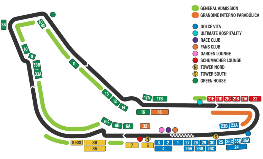 Top-down race circuit map with numbered track segments and color-coded zones; legend on the right names venues like General Admission and Fans Club.